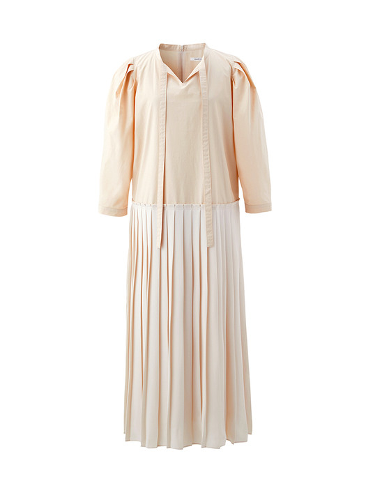 Volume sleeve pleats dress - Nude beige