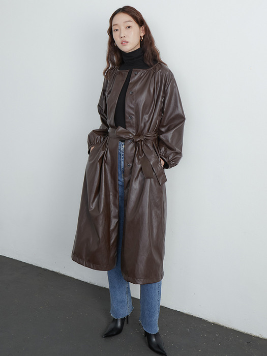 Shirring one-piece coat_brown leater