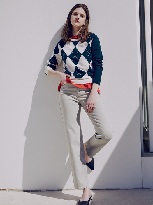 [FRONTROW x RePLAIN] Argyle Intarsia Knit Top +  Mid-rise Straight Jeans_Beige SET