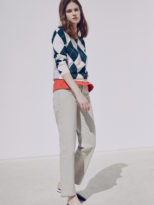 [FRONTROW x RePLAIN] Argyle Intarsia Knit Top +  Mid-rise Straight Jeans_Beige SET