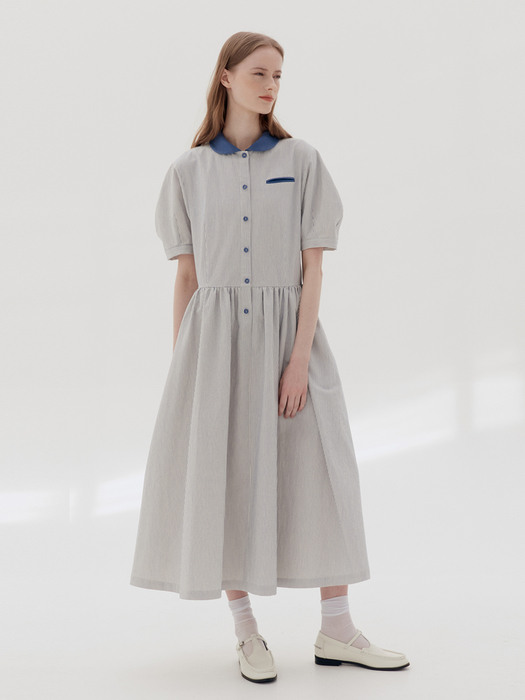 [N]MELROSE Round collar oversized shirt dress (Stripe)