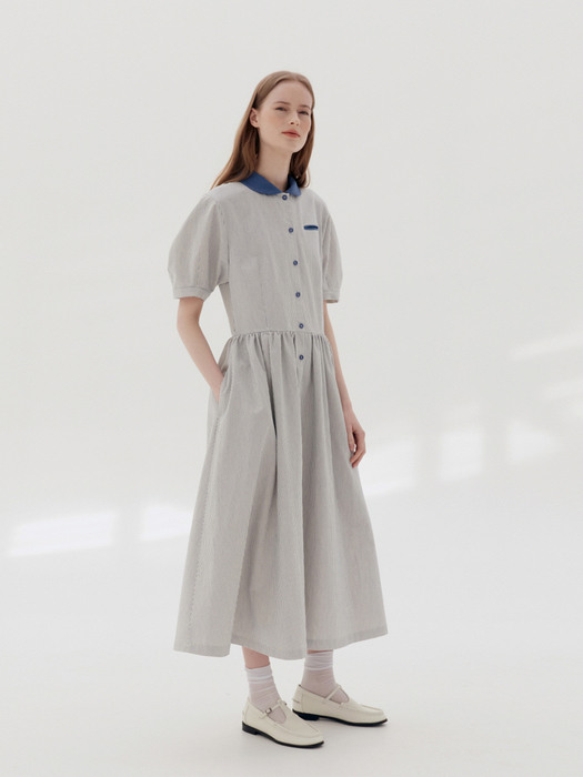 [N]MELROSE Round collar oversized shirt dress (Stripe)