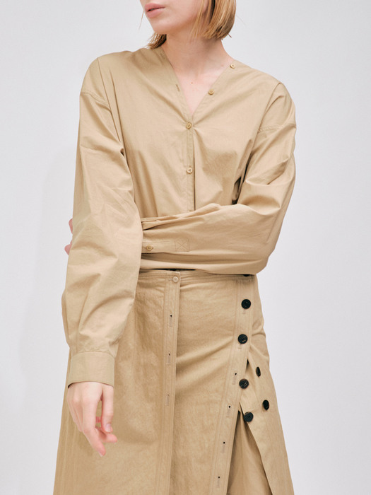 v-neck cotton dress & detachable skirt - beige 
