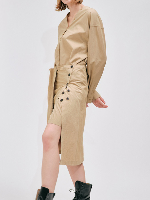 v-neck cotton dress & detachable skirt - beige 