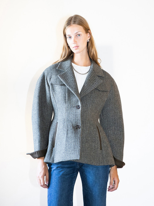 OKSU Voluminous sleeve blazer(Khaki Herringbone)