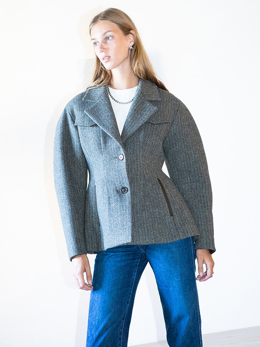 OKSU Voluminous sleeve blazer(Khaki Herringbone)