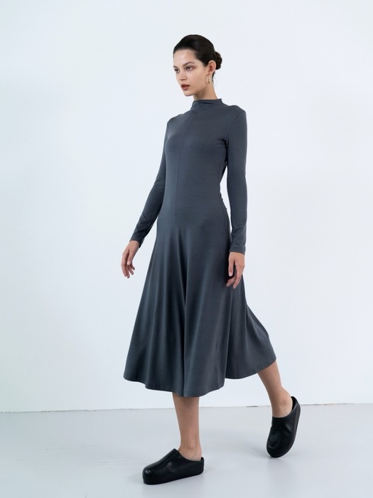 Cora High-neck tencel flare dress (black)