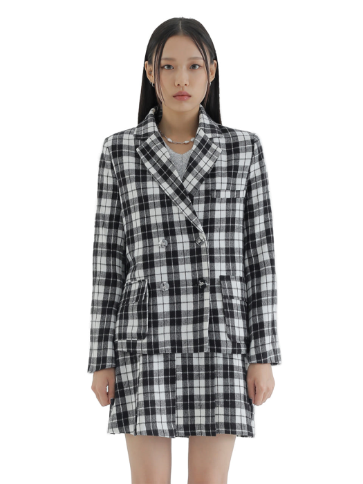 C CHECKED DOUBLE BUTTON JACKET_WHITE