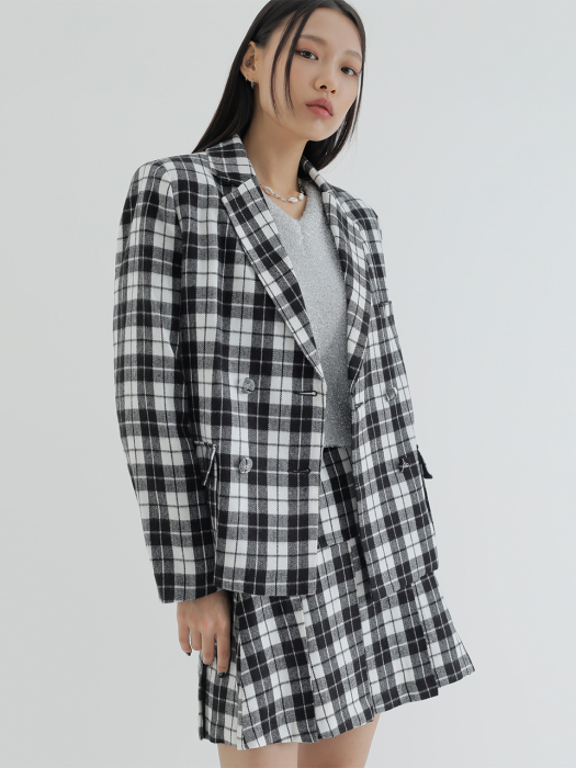 C CHECKED DOUBLE BUTTON JACKET_WHITE