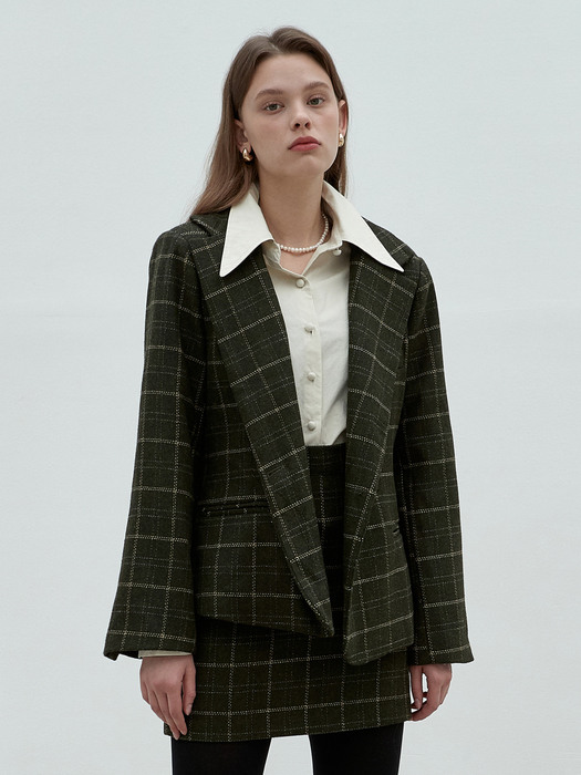 iuw1106 [SET] checked double jacket+checked mini skirt (khaki)