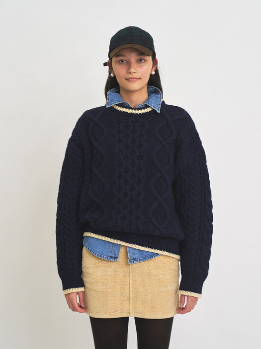 21WINTER COMBI ARAN KNIT [NAVY]