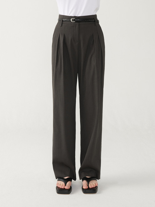 Wrinkle crepe wide banding pants - Dark warm gray