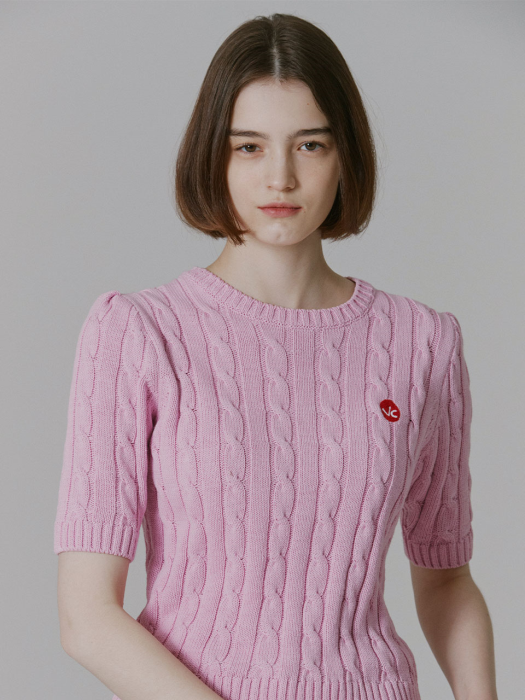 Vacation Handed Logo Cable Knit_Pink