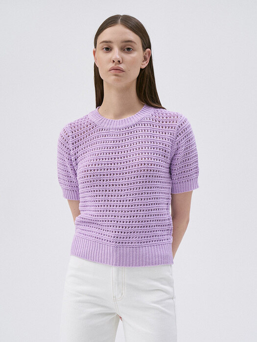 [단독]Crew Neck Crochet Knit Top-Purple