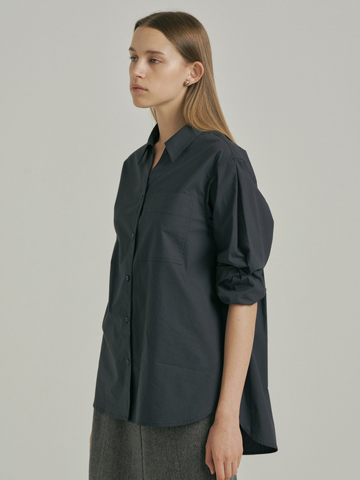 Open Collared Cotton Shirt_DARK GREY