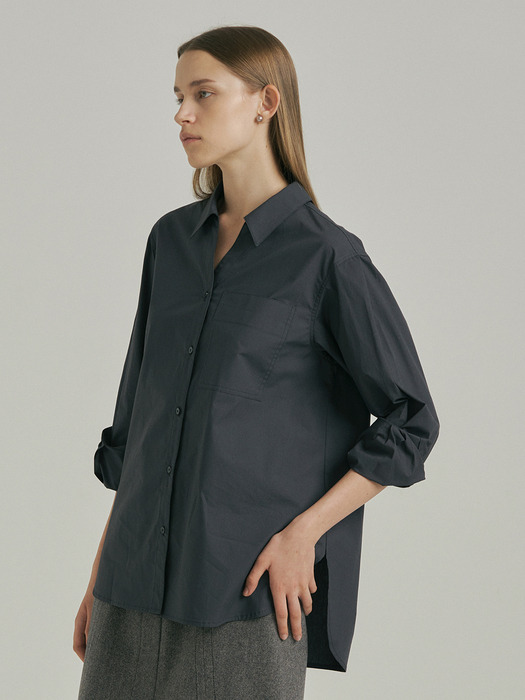 Open Collared Cotton Shirt_DARK GREY