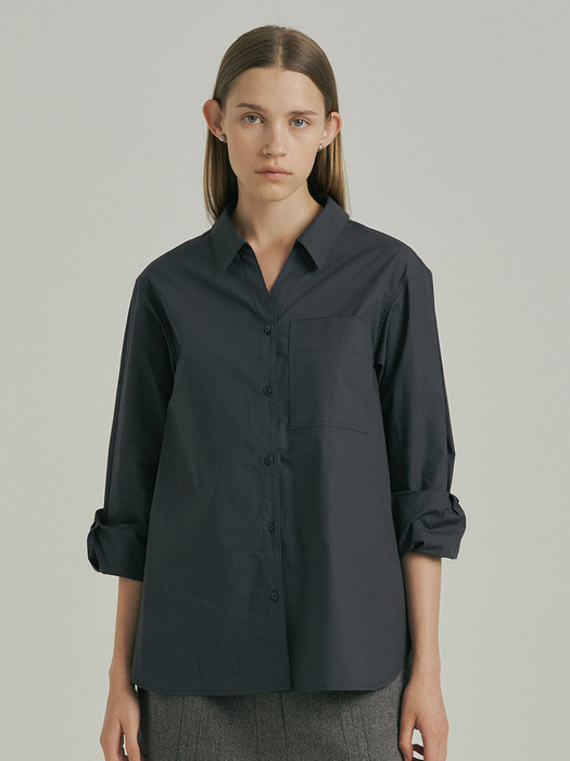 Open Collared Cotton Shirt_DARK GREY