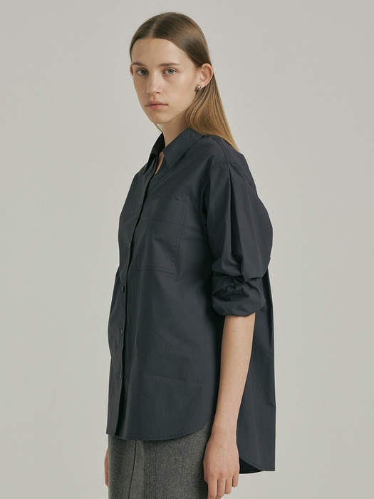 Open Collared Cotton Shirt_DARK GREY