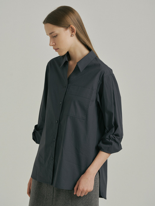 Open Collared Cotton Shirt_DARK GREY