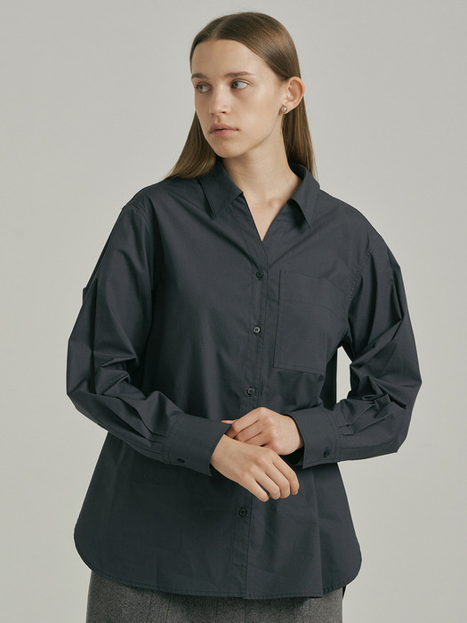 Open Collared Cotton Shirt_DARK GREY