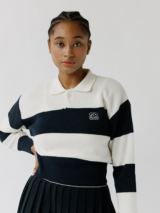  Stripe Collar knit Navy (Women)