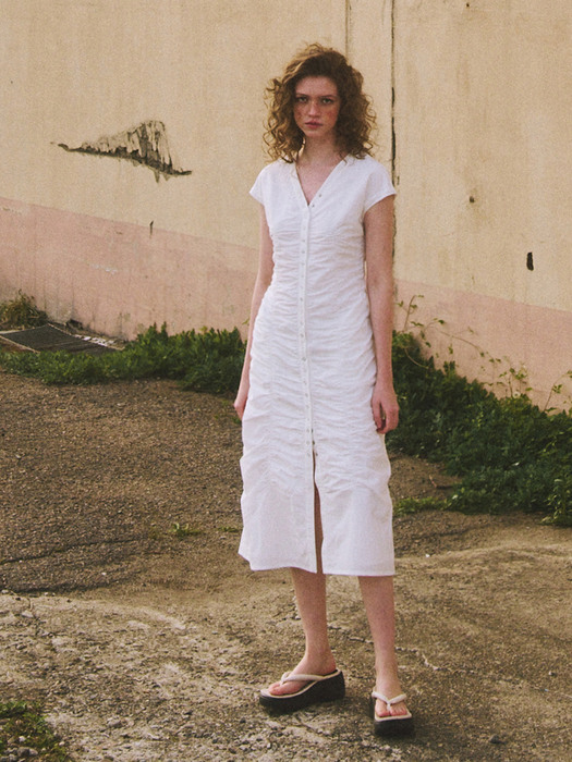 Snap Detail Shirring Dress, White