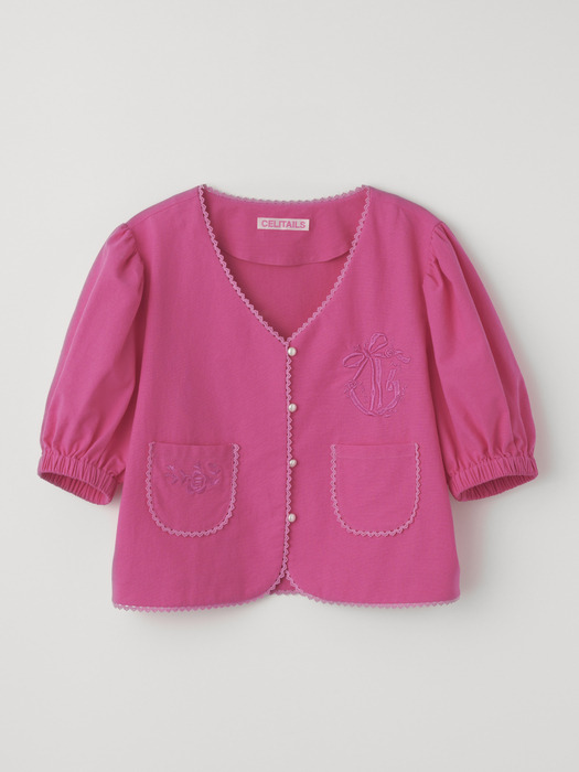 LACE TRIM PUFF BLOUSE_PINK