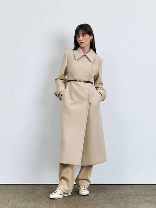 Double Breast Slim Wool Coat with Leather Belt, Light Yellow