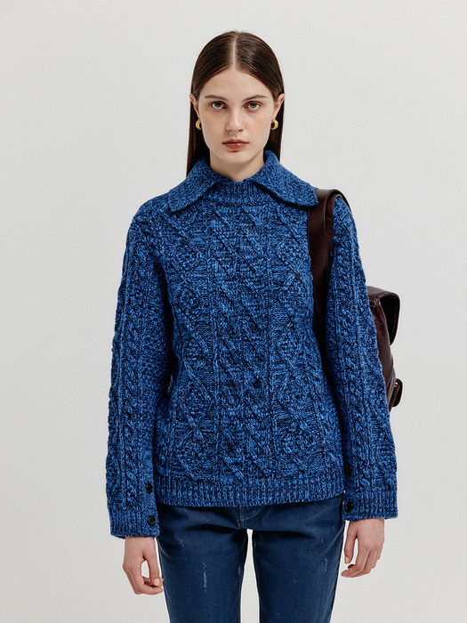 XOEBE Cable Knit Collared Turtleneck - Navy