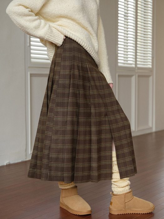 Cest_Autumn brown pleated slit skirt