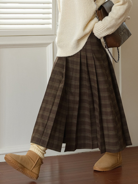 Cest_Autumn brown pleated slit skirt