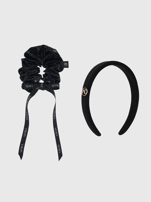Qia ribbon scrunchy & hairband set - black