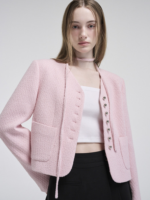 V-Neck Strap Tweed Jacket, Pink
