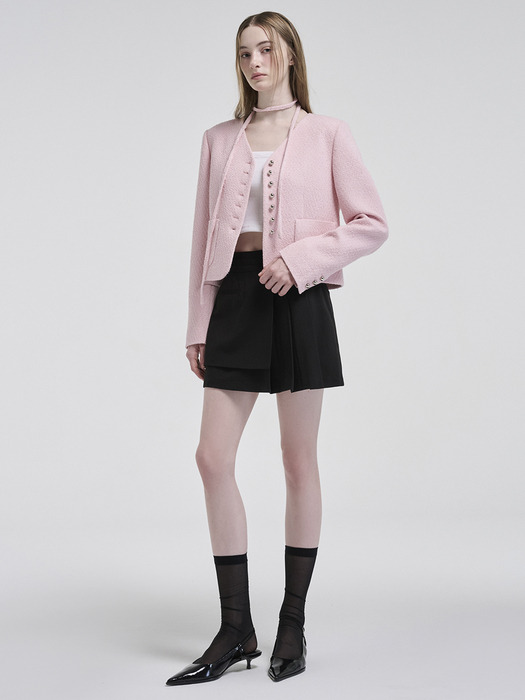 V-Neck Strap Tweed Jacket, Pink