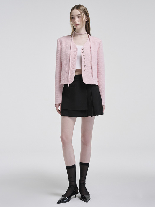 V-Neck Strap Tweed Jacket, Pink