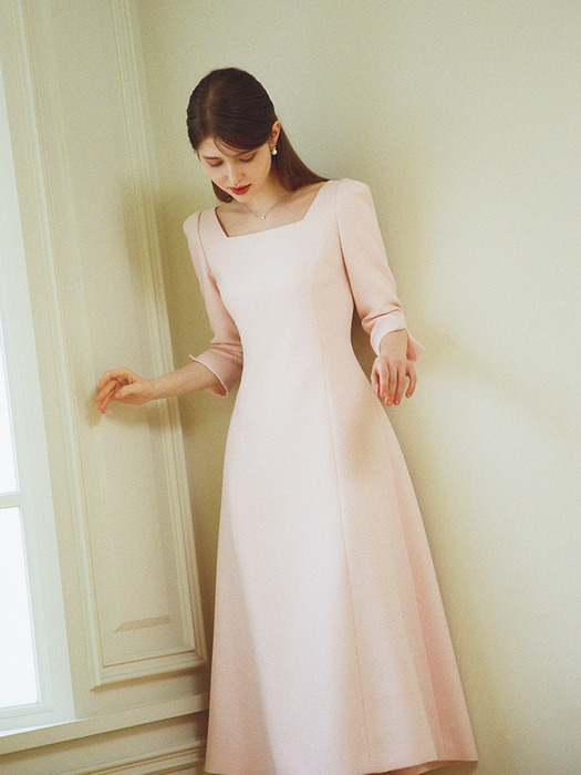 RISA Square neck tweed Dress_Pink