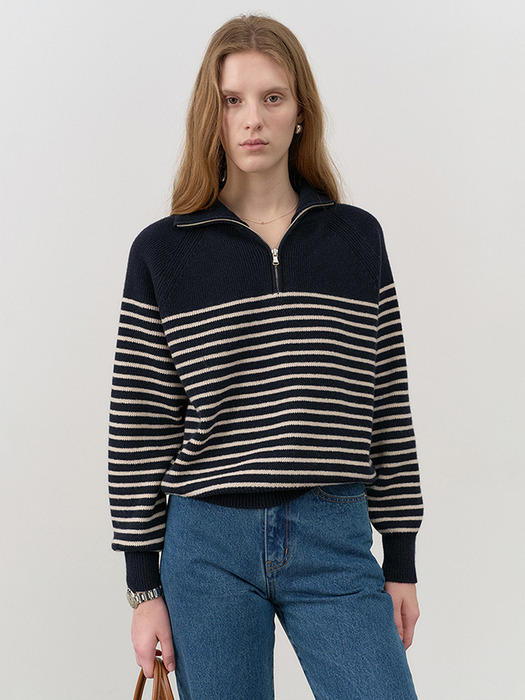 UNISEX STRIPED HALF ZIP-UP SWEATER FRENCH NAVY / CREAM_UDSW4C103N2