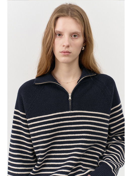 UNISEX STRIPED HALF ZIP-UP SWEATER FRENCH NAVY / CREAM_UDSW4C103N2