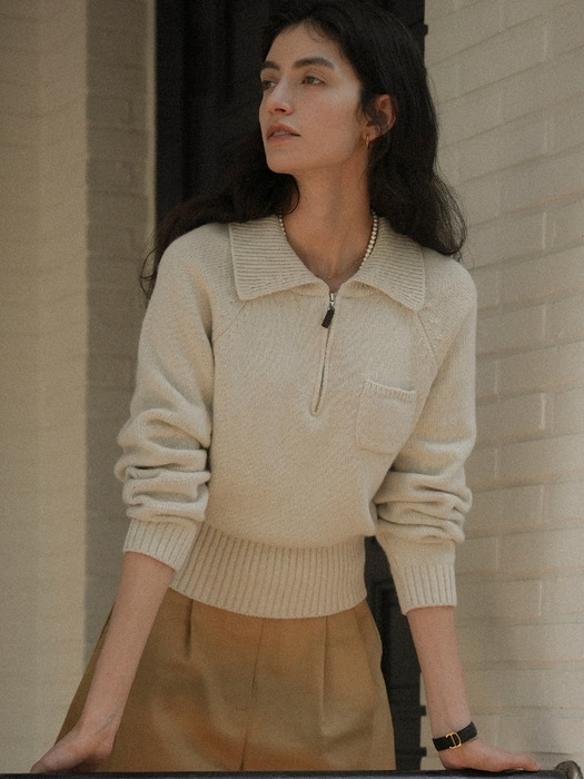 Pocket collar half zip-up knit_Oatmeal