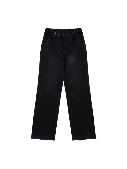 WAIST STRING BELTED DENIM PANTS IN BLACK