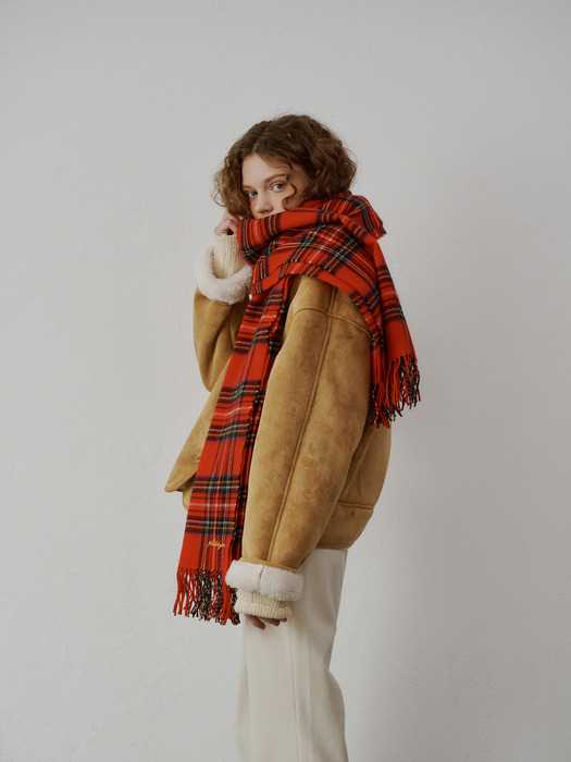 Fringe wool muffler (Red check)