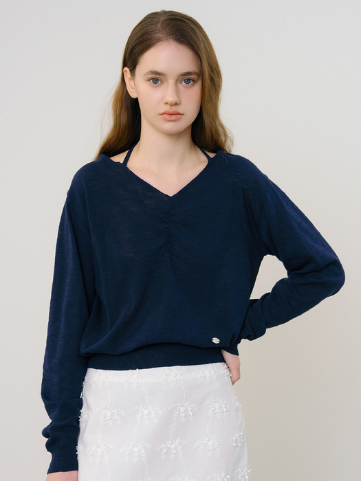 D Halter Neck Shirring Knit_Navy