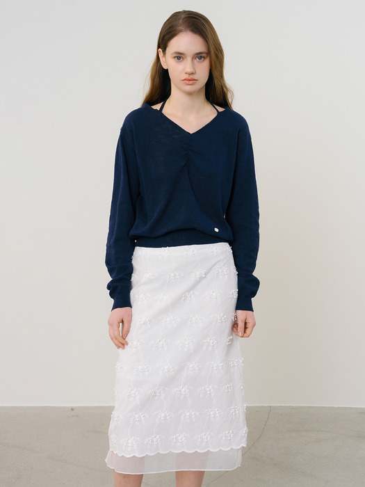 D Halter Neck Shirring Knit_Navy