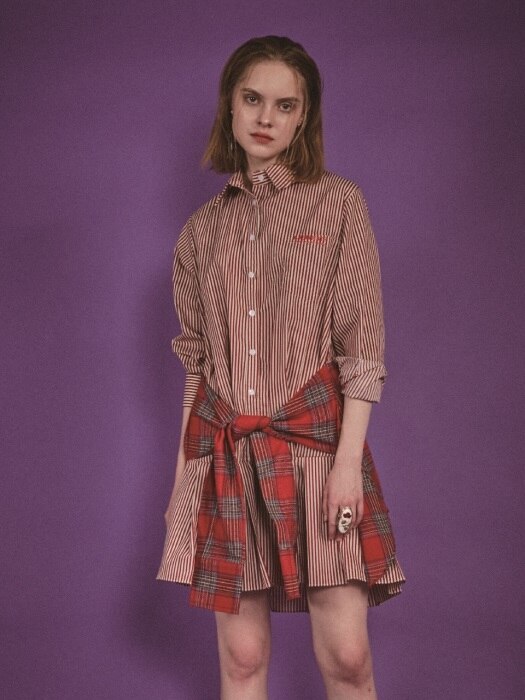 checked tie shirt-dress - RED