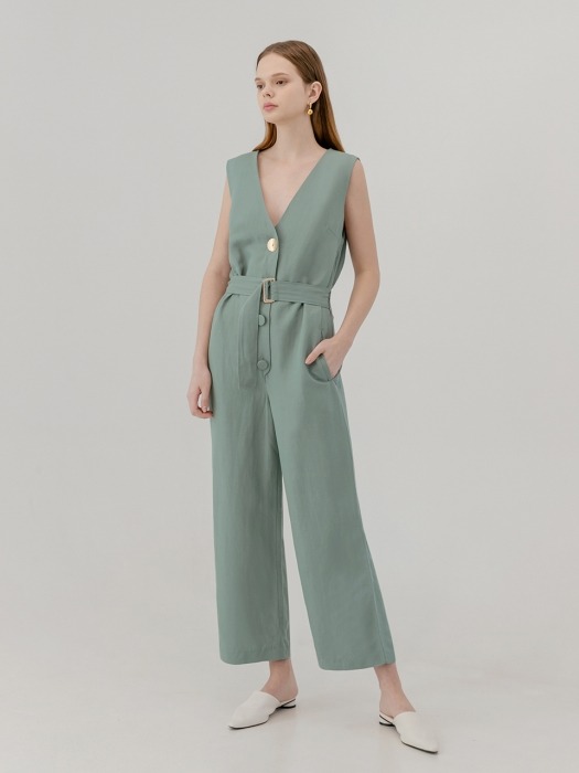 Linen contrast button jump suit [mt]