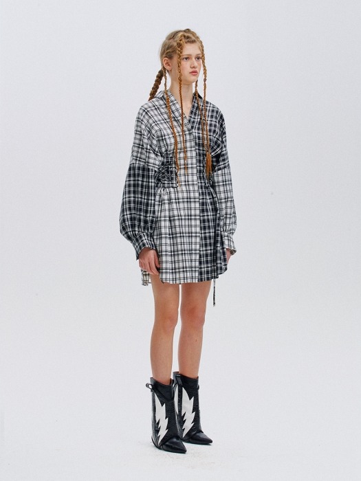 Checked Eyelet Corset & Ribbon detail mini-Shirt Dress