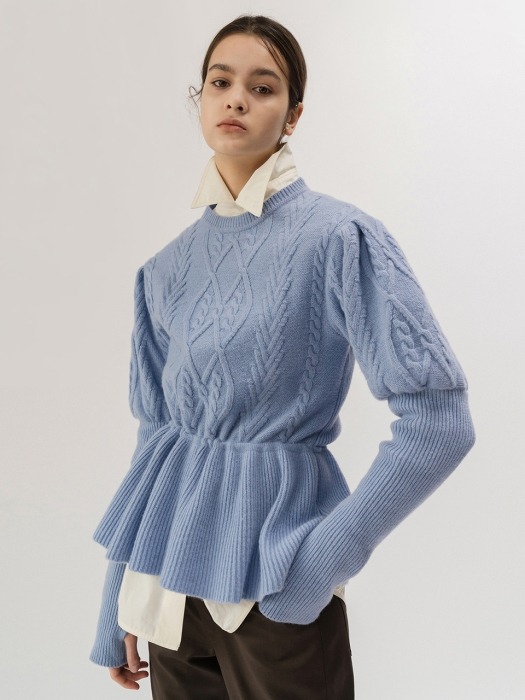 PUFF-SLEEVED CABLE KNIT TOP (SKY BLUE)