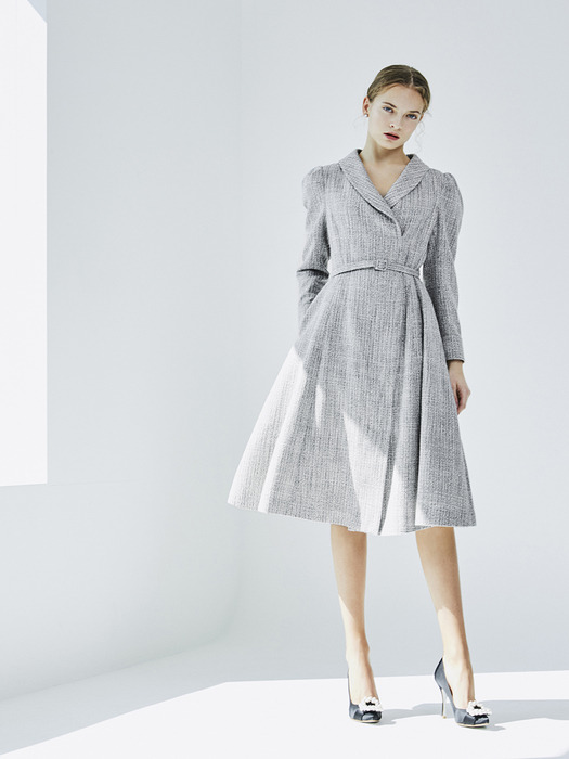 [리퍼브][EXCLUSIVE] ALEXANDRA Shawl collar jacket Dress (Deep Navy and White Tweed)