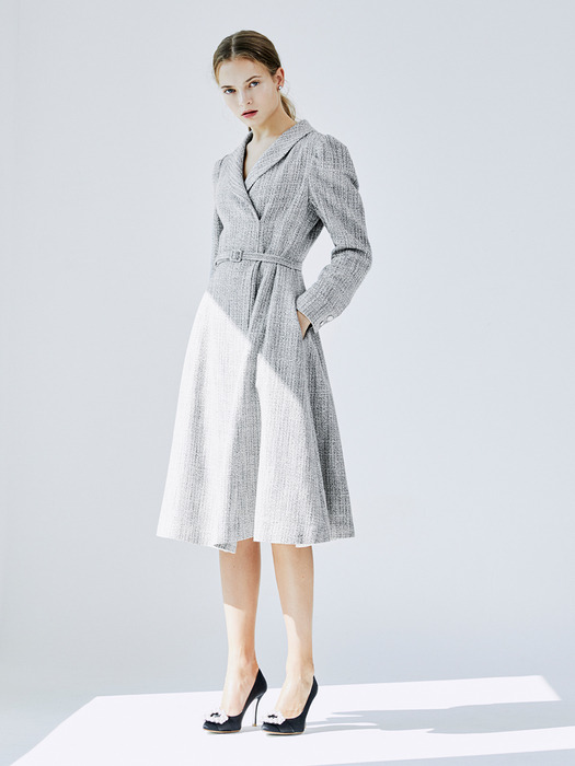 [리퍼브][EXCLUSIVE] ALEXANDRA Shawl collar jacket Dress (Deep Navy and White Tweed)