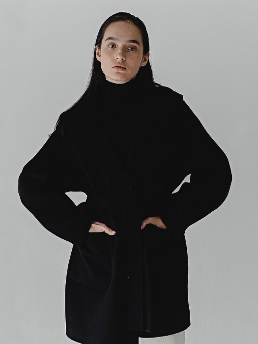 BLACK NADINE DOUBLE FACED WOOL HOOD COAT